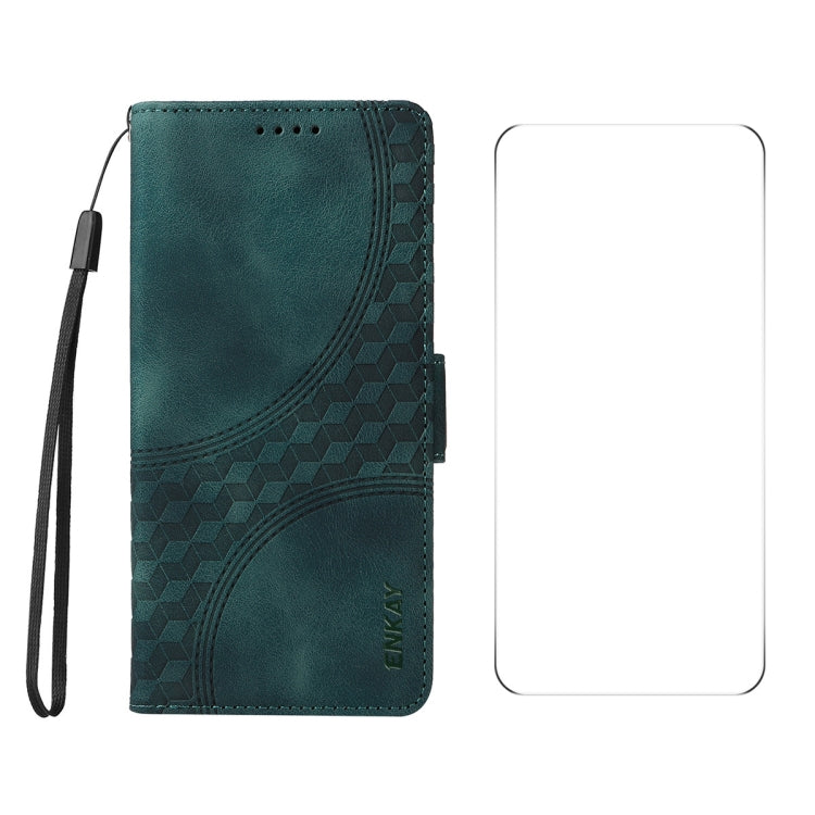 For iPhone 16 Pro Max ENKAY Embossed Rhombus Starry Leather Phone Case with Screen Film(Green) - free shipping - PMC Jewellery - Order now!