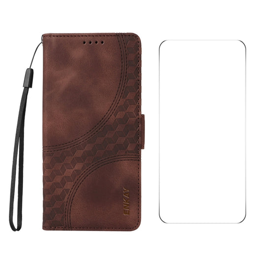 For iPhone 16e ENKAY Embossed Rhombus Starry Leather Phone Case with Screen Film(Brown) - iPhone 16e Cases by ENKAY | Online Shopping South Africa | PMC Jewellery | Buy Now Pay Later Mobicred