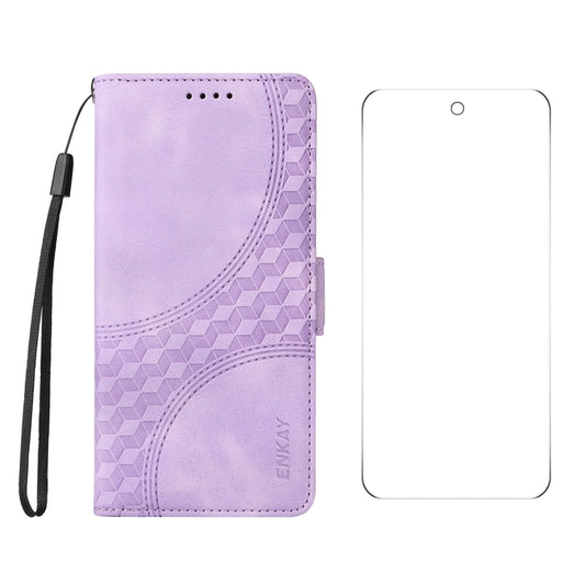 For Google Pixel 9 Pro ENKAY Embossed Rhombus Starry Leather Phone Case with Screen Film(Purple) - Google Cases by ENKAY | Online Shopping South Africa | PMC Jewellery | Buy Now Pay Later Mobicred