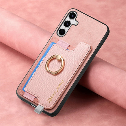 For Samsung Galaxy S25 5G Retro Cross Leather Ring Horizontal Insert Card Bag MagSafe Phone Case(Pink) - Galaxy S25 5G Cases by PMC Jewellery | Online Shopping South Africa | PMC Jewellery | Buy Now Pay Later Mobicred