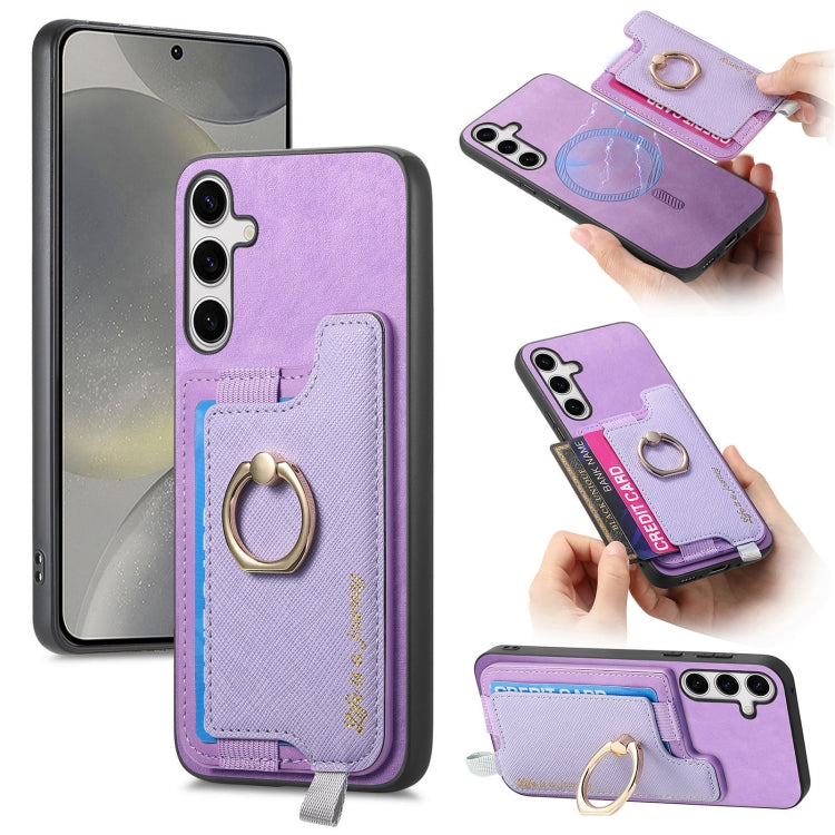 For Samsung Galaxy S25 5G Retro Cross Leather Ring Horizontal Insert Card Bag MagSafe Phone Case(Purple) - Galaxy S25 5G Cases by PMC Jewellery | Online Shopping South Africa | PMC Jewellery | Buy Now Pay Later Mobicred