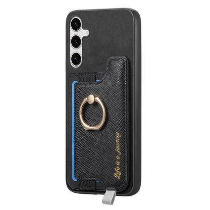 For Samsung Galaxy S25 5G Retro Cross Leather Ring Horizontal Insert Card Bag MagSafe Phone Case(Black) - Galaxy S25 5G Cases by PMC Jewellery | Online Shopping South Africa | PMC Jewellery | Buy Now Pay Later Mobicred