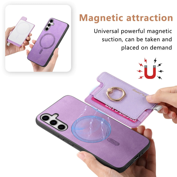 For Samsung Galaxy S25+ 5G Retro Cross Leather Ring Horizontal Insert Card Bag MagSafe Phone Case(Purple) - Galaxy S25+ 5G Cases by PMC Jewellery | Online Shopping South Africa | PMC Jewellery | Buy Now Pay Later Mobicred