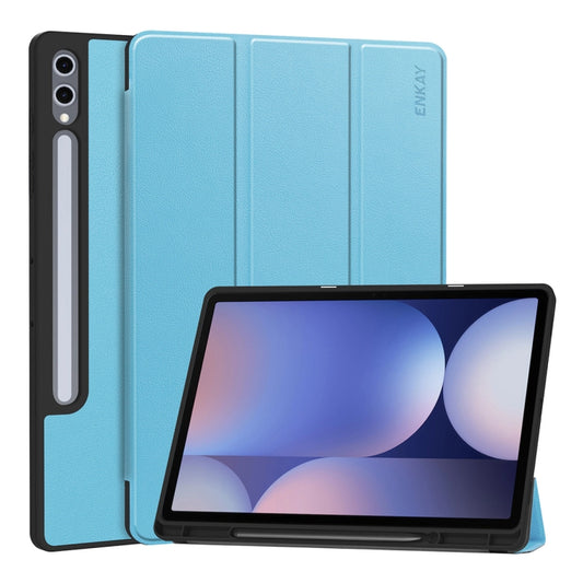 For Samsung Galaxy Tab S10+ / S9+ / S9 FE+ ENKAY Tri-fold Custer Texture TPU Leather Smart Tablet Case with Pen Slot(Light Blue) - Galaxy Tab S9+ Cases by ENKAY | Online Shopping South Africa | PMC Jewellery | Buy Now Pay Later Mobicred