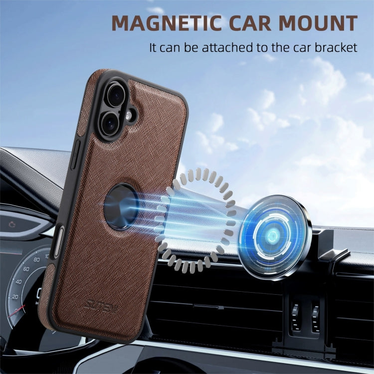 For iPhone 16 Plus Suteni G1 Cross Texture MagSafe Phone Case(Brown) - iPhone 16 Plus Cases by Suteni | Online Shopping South Africa | PMC Jewellery | Buy Now Pay Later Mobicred