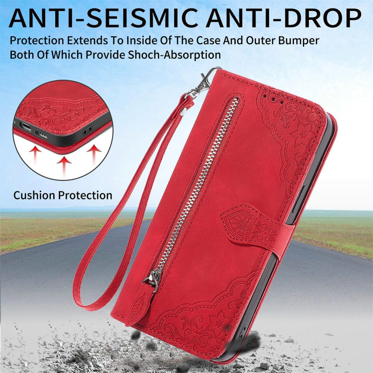 For Samsung Galaxy S25+ 5G Embossed Flower Zipper Leather Phone Case(Red) - Galaxy S25+ 5G Cases by PMC TechLife | Online Shopping South Africa | PMC TechLife | Buy Now Pay Later Mobicred