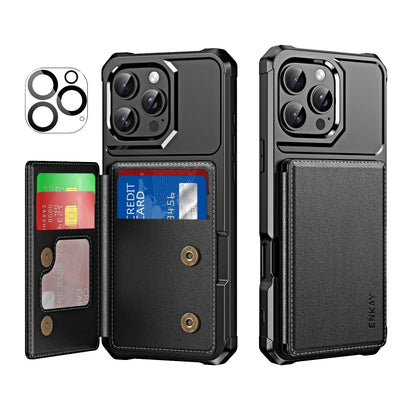 For iPhone 16 Pro Max ENKAY Hat-Prince Card Slot Wallet TPU Back Leather Phone Case with Lens Film(Black) - iPhone 16 Pro Max Cases by ENKAY | Online Shopping South Africa | PMC Jewellery | Buy Now Pay Later Mobicred