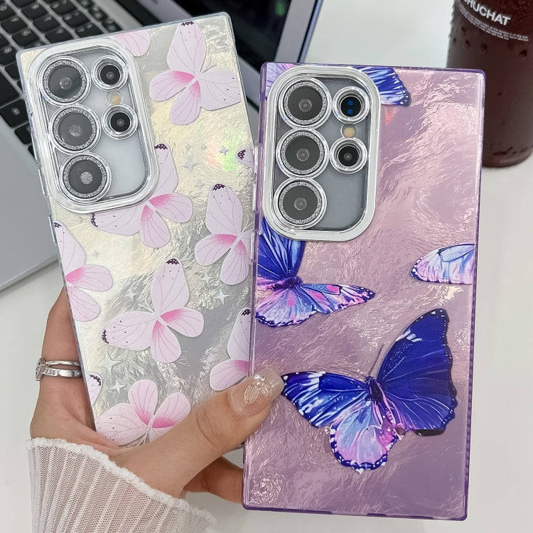 For Samsung Galaxy S25 5G Plating Texture Butterfly TPU Phone Case with Glitter Lens Film(Flowers Butterflies HU1) - Galaxy S25 5G Cases by PMC Jewellery | Online Shopping South Africa | PMC Jewellery | Buy Now Pay Later Mobicred