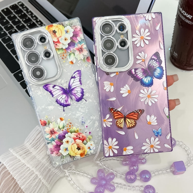 For Samsung Galaxy S25 Ultra 5G Plating Texture Butterfly Wristband TPU Phone Case with Glitter Lens Film(Daisy Butterflies HU2) - Galaxy S25 Ultra 5G Cases by PMC Jewellery | Online Shopping South Africa | PMC Jewellery | Buy Now Pay Later Mobicred