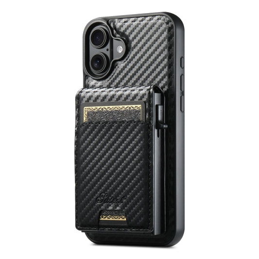 For iPhone 16 Plus Suteni H19 Carbon Fiber Grain 2-in-1 MagSafe Removable Card Box Back Phone Case(Black) - iPhone 16 Plus Cases by Suteni | Online Shopping South Africa | PMC Jewellery | Buy Now Pay Later Mobicred