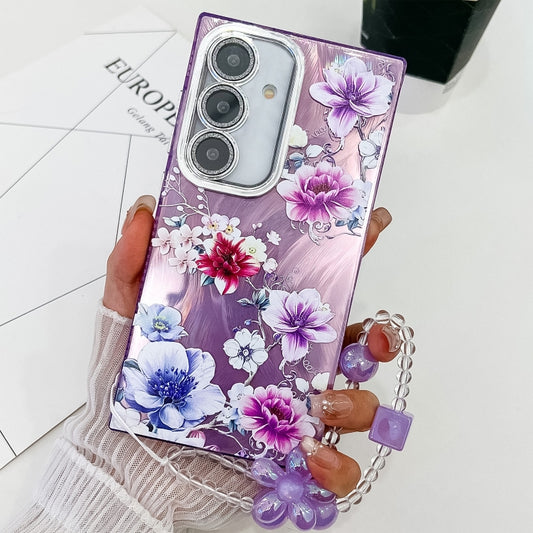 For Samsung Galaxy S25+ 5G Electroplating Flowers Plants Texture Wristband TPU Phone Case(Purple Flowers FL1) - Galaxy S25+ 5G Cases by PMC Jewellery | Online Shopping South Africa | PMC Jewellery | Buy Now Pay Later Mobicred