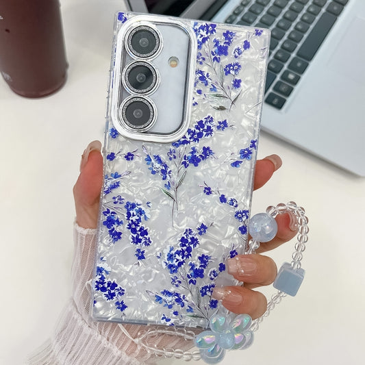 For Samsung Galaxy S25+ 5G Electroplating Flowers Plants Texture Wristband TPU Phone Case(Blue Flower FL13) - Galaxy S25+ 5G Cases by PMC Jewellery | Online Shopping South Africa | PMC Jewellery | Buy Now Pay Later Mobicred