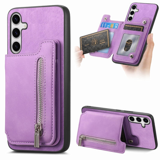 For Samsung Galaxy S25+ 5G Retro MagSafe Zipper Wallet Card Bag Back Phone Case(Purple) - Galaxy S25+ 5G Cases by PMC Jewellery | Online Shopping South Africa | PMC Jewellery | Buy Now Pay Later Mobicred