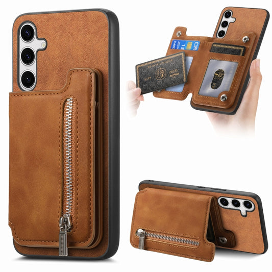 For Samsung Galaxy S25+ 5G Retro MagSafe Zipper Wallet Card Bag Back Phone Case(Brown) - Galaxy S25+ 5G Cases by PMC Jewellery | Online Shopping South Africa | PMC Jewellery | Buy Now Pay Later Mobicred