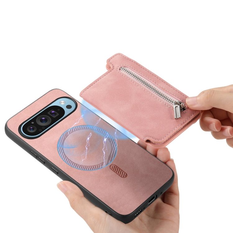 For Google Pixel 7 Pro Retro MagSafe Zipper Wallet Card Bag Back Phone Case(Pink) - Google Cases by PMC TechLife | Online Shopping South Africa | PMC TechLife | Buy Now Pay Later Mobicred