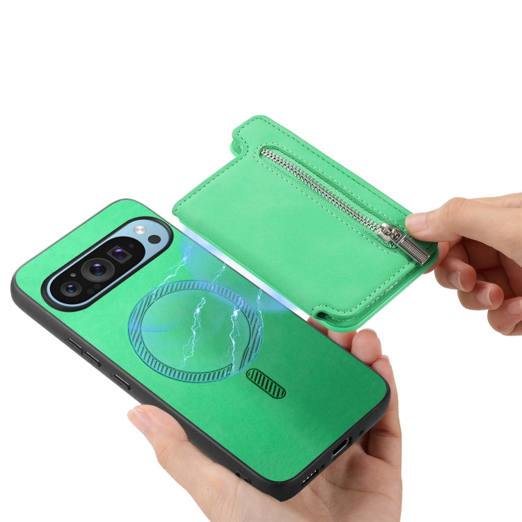 For Google Pixel 9 / 9 Pro Retro MagSafe Zipper Wallet Card Bag Back Phone Case(Green) - Google Cases by PMC TechLife | Online Shopping South Africa | PMC TechLife | Buy Now Pay Later Mobicred