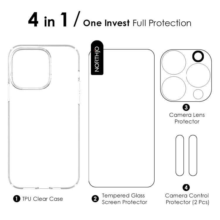 For iPhone 16 Pro Max NORTHJO 4 in 1 TPU Phone Case with Screen Film and Lens Film and Camera Control Button Cover(Clear) - iPhone 16 Pro Max Cases by NORTHJO | Online Shopping South Africa | PMC Jewellery | Buy Now Pay Later Mobicred