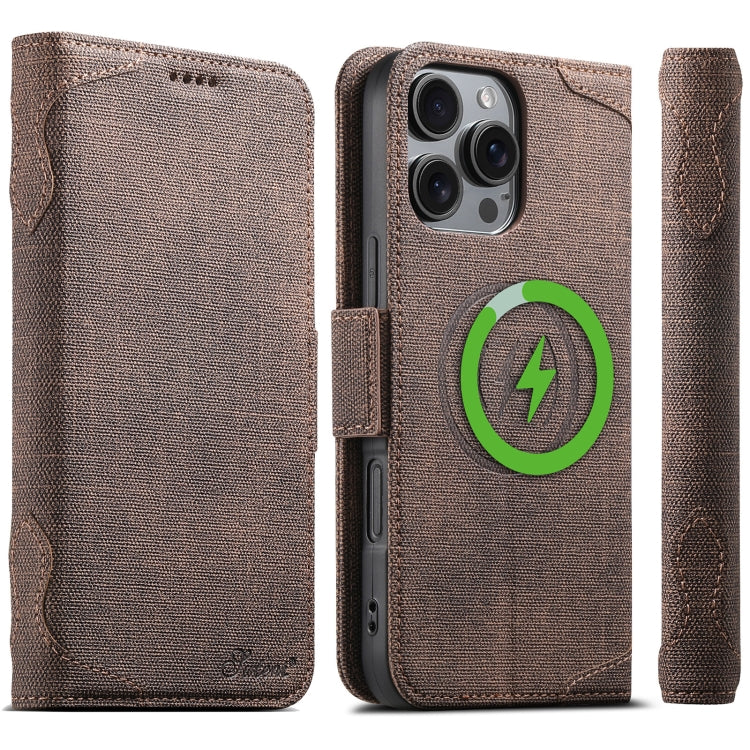 For iPhone 16 Pro Suteni J07 Multi-functional Horizontal MagSafe Denim Leather Phone Case(Brown) - iPhone 16 Pro Cases by Suteni | Online Shopping South Africa | PMC Jewellery | Buy Now Pay Later Mobicred