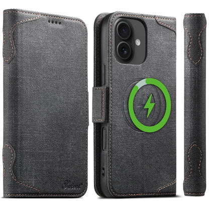 For iPhone 16 Plus Suteni J07 Multi-functional Horizontal MagSafe Denim Leather Phone Case(Black) - iPhone 16 Plus Cases by Suteni | Online Shopping South Africa | PMC Jewellery | Buy Now Pay Later Mobicred