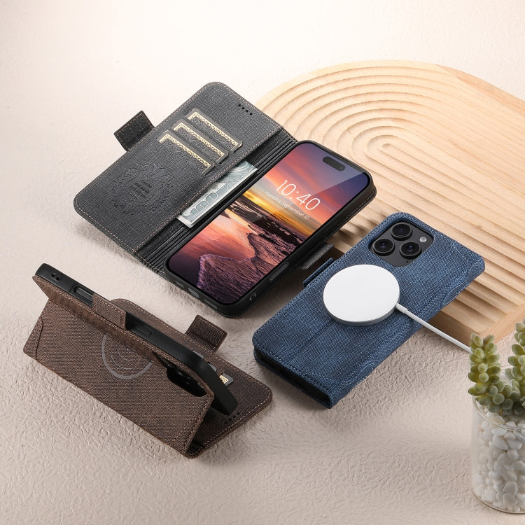 For iPhone 16 Suteni J07 Multi-functional Horizontal MagSafe Denim Leather Phone Case(Black) - iPhone 16 Cases by Suteni | Online Shopping South Africa | PMC Jewellery | Buy Now Pay Later Mobicred