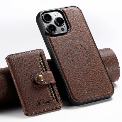 For iPhone 16 Pro Suteni H20 Cross-Grain MagSafe Horizontal Card Bag Back Phone Case(Brown) - iPhone 16 Pro Cases by Suteni | Online Shopping South Africa | PMC Jewellery | Buy Now Pay Later Mobicred