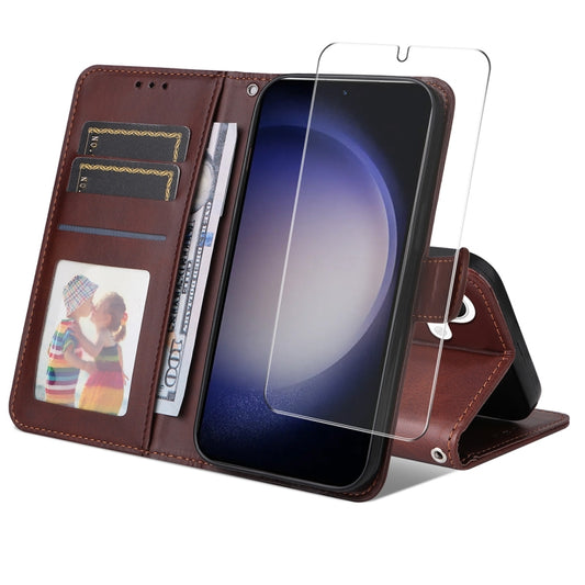 For Samsung Galaxy S25+ 5G ENKAY Card Wallet Calf Texture Leather Phone Case with Screen Film(Brown) - Galaxy S25+ 5G Cases by ENKAY | Online Shopping South Africa | PMC Jewellery | Buy Now Pay Later Mobicred