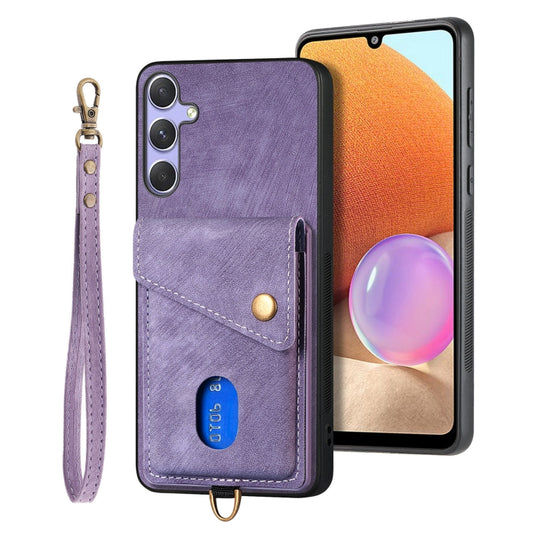 For Samsung Galaxy S25 5G Retro Card Wallet Fold Leather Phone Case with Strap(Purple) - Galaxy S25 5G Cases by PMC Jewellery | Online Shopping South Africa | PMC Jewellery | Buy Now Pay Later Mobicred