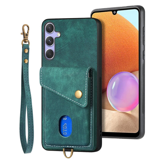 For Samsung Galaxy S25+ 5G Retro Card Wallet Fold Leather Phone Case with Strap(Green) - Galaxy S25+ 5G Cases by PMC Jewellery | Online Shopping South Africa | PMC Jewellery | Buy Now Pay Later Mobicred