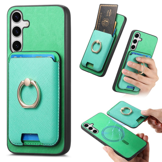 For Samsung Galaxy S25 5G Retro Cross Leather Ring Vertical Insert Card Bag MagSafe Phone Case(Green) - Galaxy S25 5G Cases by PMC Jewellery | Online Shopping South Africa | PMC Jewellery | Buy Now Pay Later Mobicred