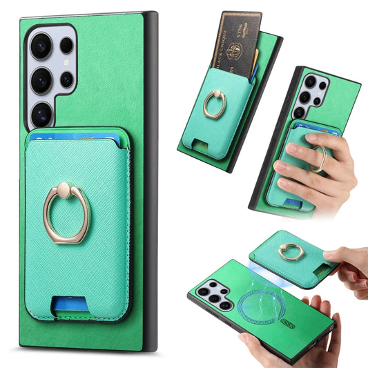 For Samsung Galaxy S25 Ultra 5G Retro Cross Leather Ring Vertical Insert Card Bag MagSafe Phone Case(Green) - Galaxy S25 Ultra 5G Cases by PMC Jewellery | Online Shopping South Africa | PMC Jewellery | Buy Now Pay Later Mobicred