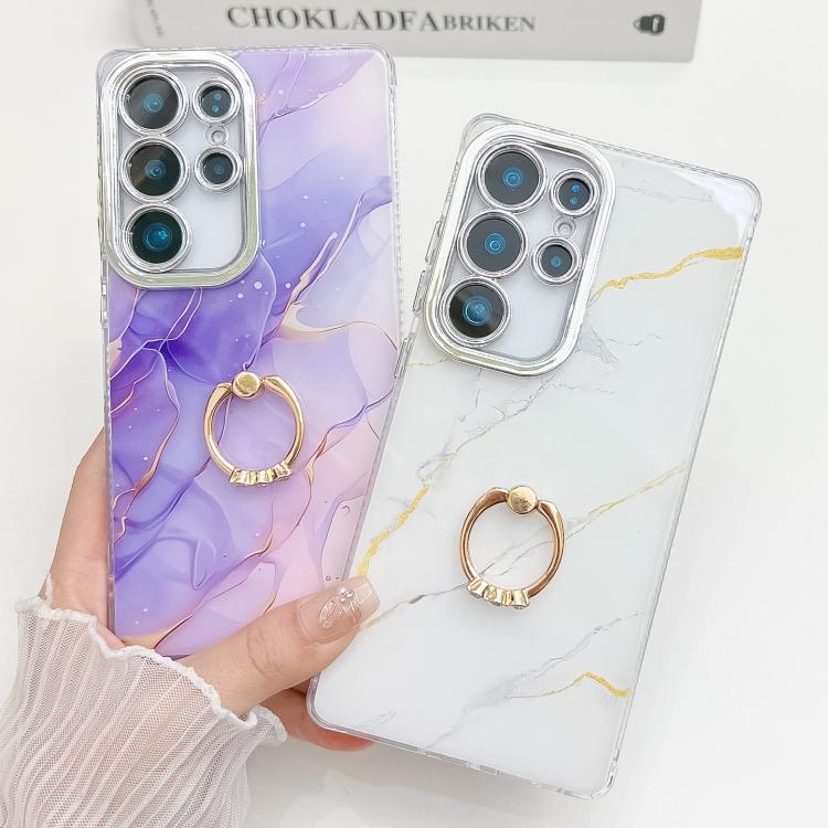 For Samsung Galaxy S25+ 5G Electroplated Marble Texture Ring Holder Phone Case(Light Blue S5) - Galaxy S25+ 5G Cases by PMC Jewellery | Online Shopping South Africa | PMC Jewellery | Buy Now Pay Later Mobicred