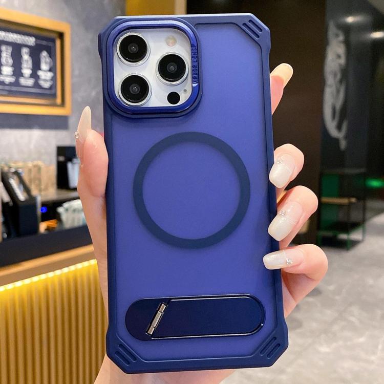 For iPhone 13 Pro Skin Feel Frameless MagSafe PC Phone Case with Fold Holder(Blue) - iPhone 13 Pro Cases by PMc TechLife | Online Shopping South Africa | PMc TechLife | Buy Now Pay Later Mobicred