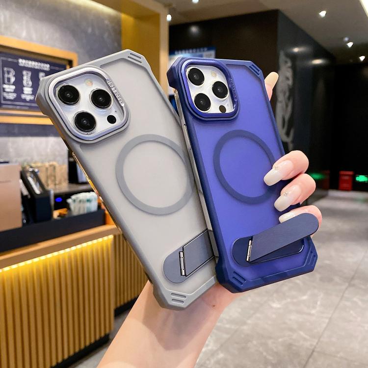 For iPhone 15 Skin Feel Frameless MagSafe PC Phone Case with Fold Holder(Purple) - iPhone 15 Cases by PMc TechLife | Online Shopping South Africa | PMc TechLife | Buy Now Pay Later Mobicred