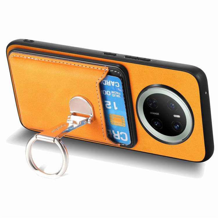 For Huawei Mate 70 Retro Folding Ring Holder Card Bag MagSafe Phone Case(Yellow) - Huawei Cases by PMC TechLife | Online Shopping South Africa | PMC TechLife | Buy Now Pay Later Mobicred