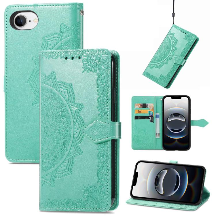 For iPhone 16e Mandala Flower Embossed Leather Phone Case(Green) - iPhone 16e Cases by PMC TechLife | Online Shopping South Africa | PMC TechLife | Buy Now Pay Later Mobicred
