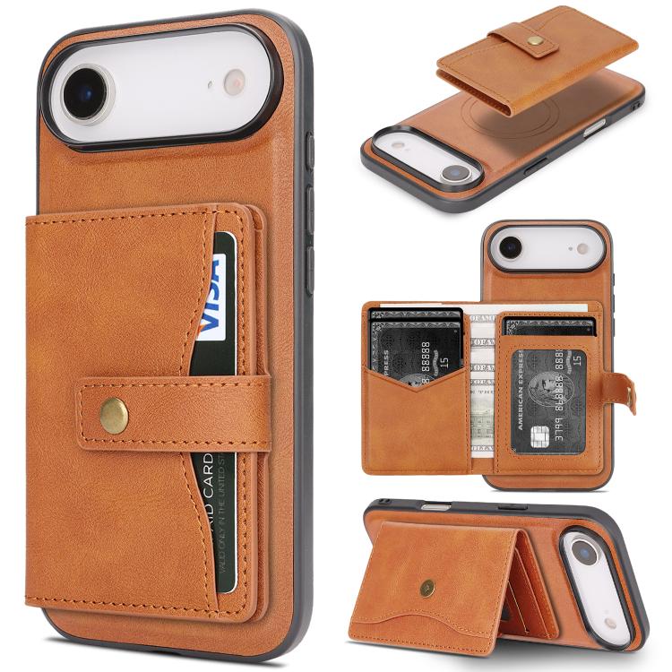 For iPhone 17 Air Kalebol Magnetic Button Card Bag MagSafe Ring Leather Phone Case(Brown) - iPhone 17 Air Cases by Kalebol | Online Shopping South Africa | PMC TechLife | Buy Now Pay Later Mobicred