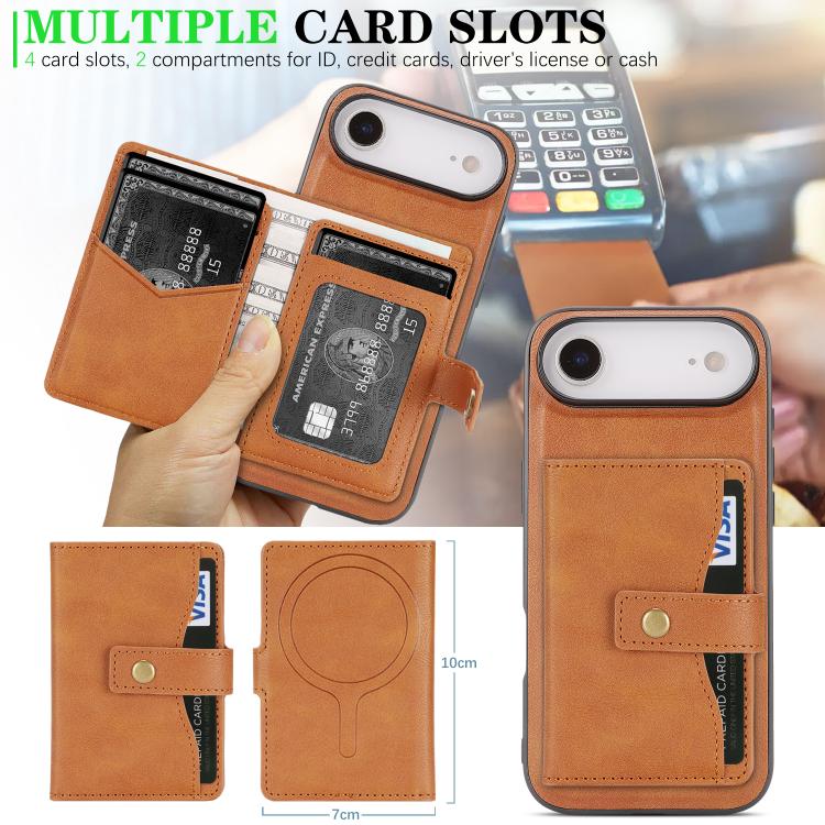 For iPhone 17 Air Kalebol Magnetic Button Card Bag MagSafe Ring Leather Phone Case(Brown) - iPhone 17 Air Cases by Kalebol | Online Shopping South Africa | PMC TechLife | Buy Now Pay Later Mobicred