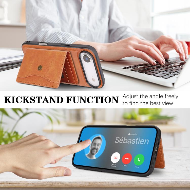 For iPhone 17 Air Kalebol Magnetic Button Card Bag MagSafe Ring Leather Phone Case(Brown) - iPhone 17 Air Cases by Kalebol | Online Shopping South Africa | PMC TechLife | Buy Now Pay Later Mobicred