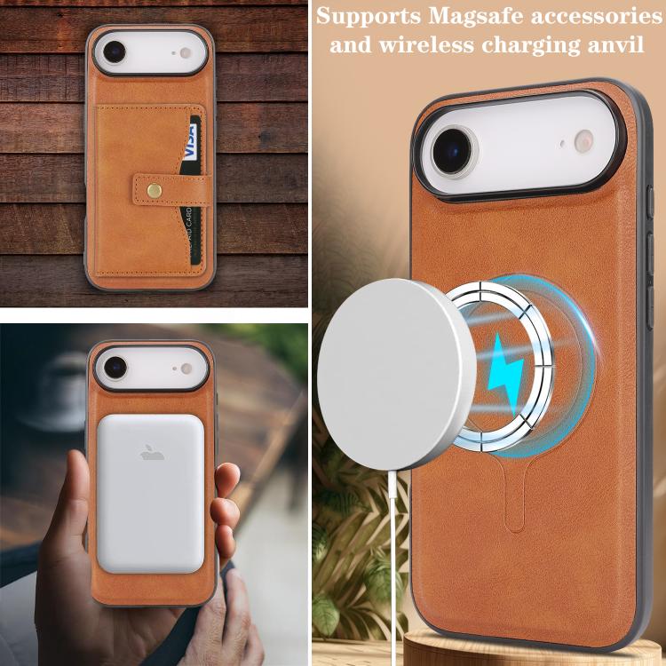 For iPhone 17 Air Kalebol Magnetic Button Card Bag MagSafe Ring Leather Phone Case(Brown) - iPhone 17 Air Cases by Kalebol | Online Shopping South Africa | PMC TechLife | Buy Now Pay Later Mobicred