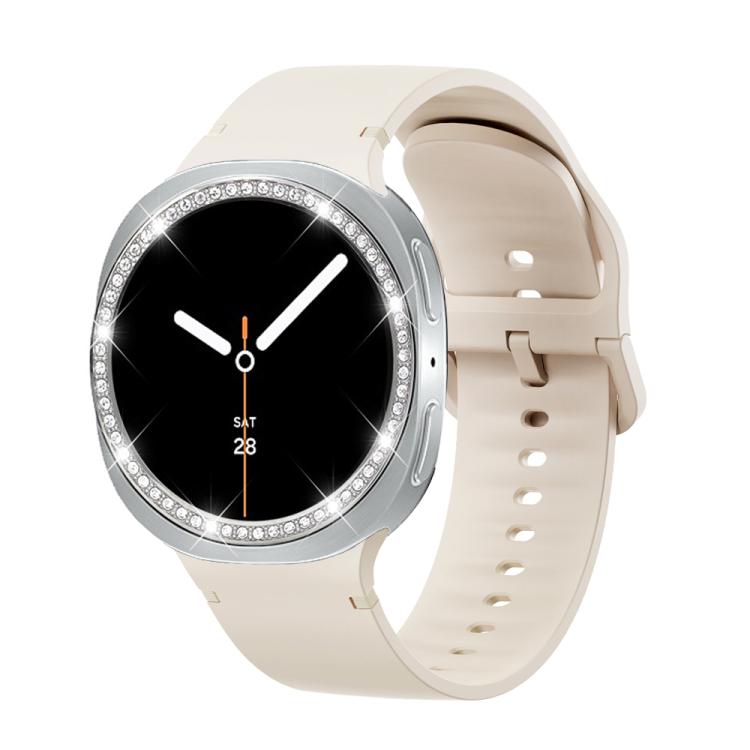 For Samsung Galaxy Watch8 44mm Diamond Bezel and Solid Color Stitched Silicone Watch Band(Starlight Silver) - free shipping - PMC TechLife - Order now!