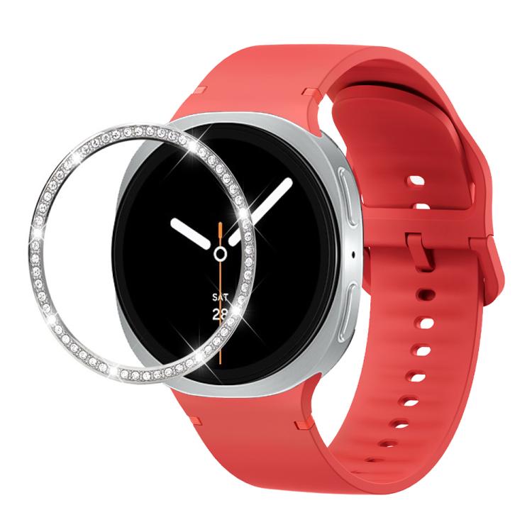 For Samsung Galaxy Watch8 40mm Diamond Bezel and Solid Color Stitched Silicone Watch Band(Red Silver) - free shipping - PMC TechLife - Order now!