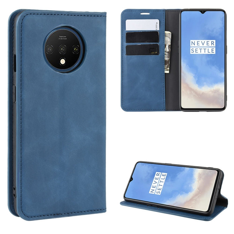 For OnePlus 7T Retro-skin Business Magnetic Suction Leather Case with Purse-Bracket-Chuck(Dark Blue) - OnePlus Cases by PMC Jewellery | Online Shopping South Africa | PMC Jewellery | Buy Now Pay Later Mobicred