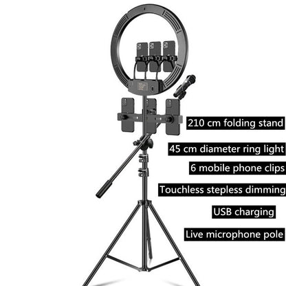 18 inch+6 Phone Clips+Microphone Pole Dimmable Color Temperature LED Ring Fill Light Live Broadcast Set With 2.1m Tripod Mount, CN Plug - Ring Light by PMC Jewellery | Online Shopping South Africa | PMC Jewellery | Buy Now Pay Later Mobicred