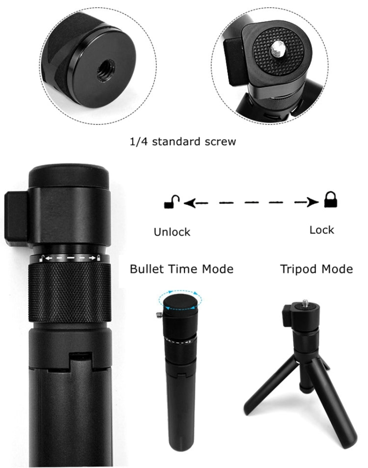 Bullet Time Rotary Handle Panoramic Camera Selfie Extension Rod Tripod Integrated for GoPro Hero11 Black / HERO10 Black /9 Black /8 Black /7 /6 /5 /5 Session /4 Session /4 /3+ /3 /2 /1, DJI Osmo Action and Other Action Cameras(Black) - Holder by Kulger | Online Shopping South Africa | PMC Jewellery | Buy Now Pay Later Mobicred