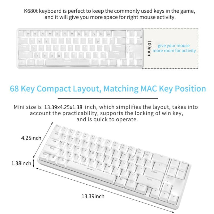 Ajazz K680T Mini USB Wired Dual-mode Charging 68-keys Laptop Bluetooth Mechanical Keyboard, Cable Length: 1.6m, Style:Green Shaft(White) - Wired Keyboard by Ajazz | Online Shopping South Africa | PMC Jewellery | Buy Now Pay Later Mobicred