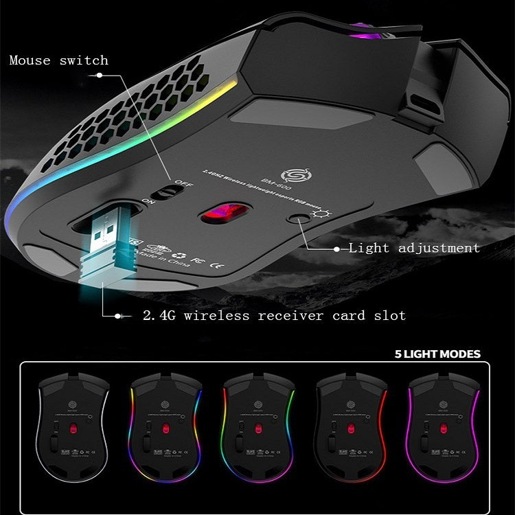 K-Snake BM600 1600 DPI 7-keys Hollow Lightweight Wireless Charging RGB Colorful Gaming Mouse(Wireless BM600 Black) - Wireless Mice by K-Snake | Online Shopping South Africa | PMC Jewellery | Buy Now Pay Later Mobicred