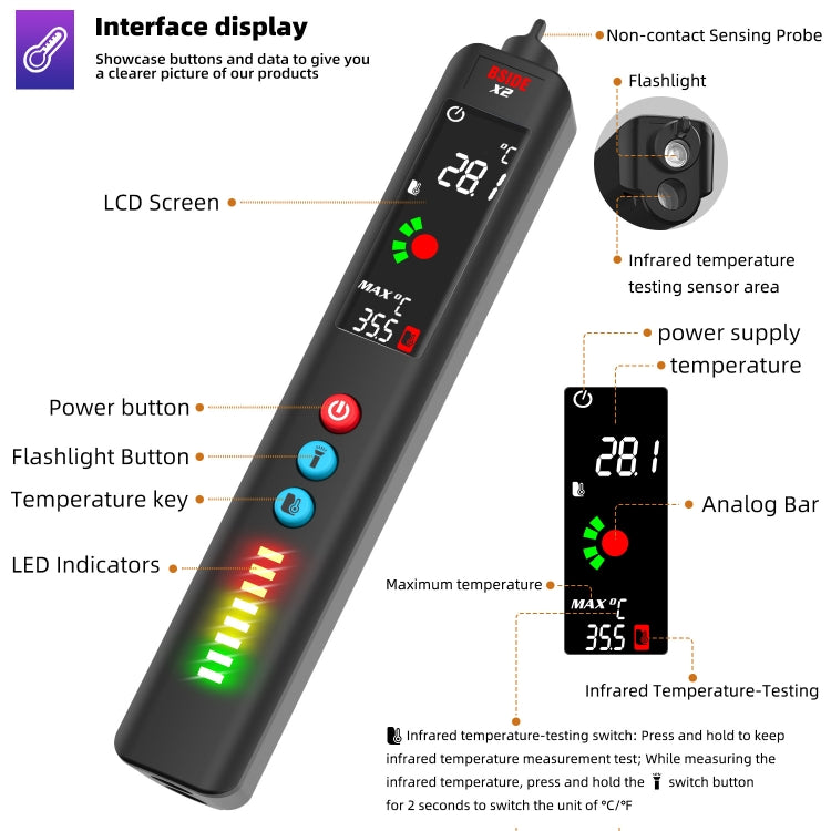 BSIDE X2 Three-Mode Smart Multimeter Electric Pen Infrared Thermometer with Flashlight Lighting - free shipping - PMC Jewellery - Order now!