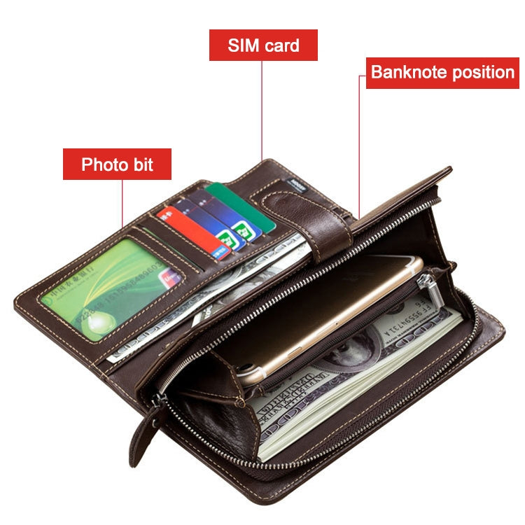 BULL CAPTAIN 028 Long Buckle Retro Cowhide Multi-Function Wallet (Coffee) - free shipping - PMC TechLife - Order now!