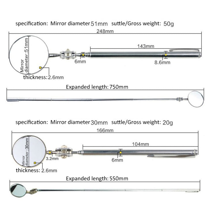Car Repair Detection Mirror Universal Folding Telescopic Mirror Welding Chassis Inspection Mirror, Model: Silver 30mm - Inspection Tools by PMC TechLife | Online Shopping South Africa | PMC TechLife | Buy Now Pay Later Mobicred