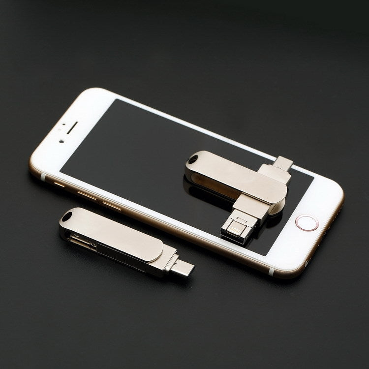 32GB USB 3.0 + 8 Pin + USB-C / Type-C 3 in 1 Phone Computer Rotatable Metal U-Disk - USB Flash Drives by PMC Jewellery | Online Shopping South Africa | PMC Jewellery | Buy Now Pay Later Mobicred